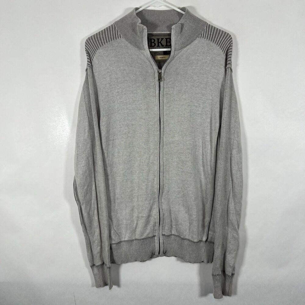 BKE Slim Fit Full Zip Sweater Jacket Mens Size Large Gray Mock Neck Buckle